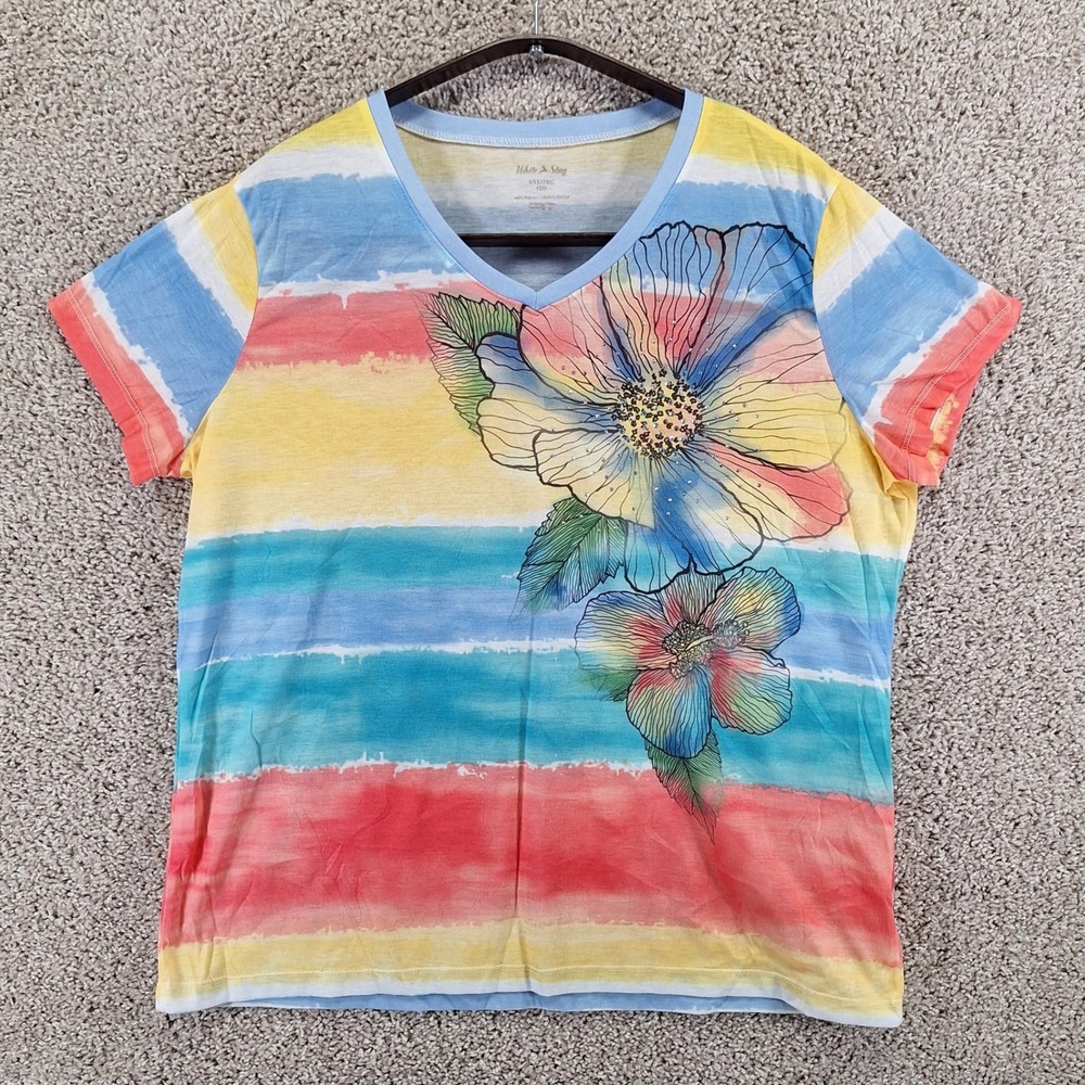 White Stag T-Shirt Womens XXL (20) Multicolor Floral Stripe V-Neck Casual Cute